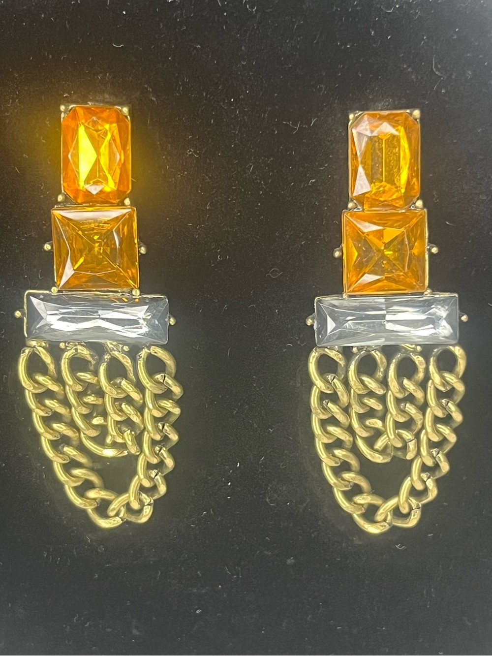 Gold Chain Drop Earrings with Amber and Clear Stones